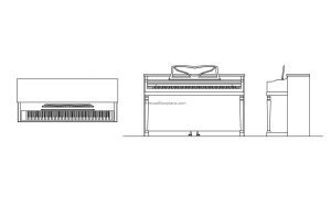 autocad block drawing of a small spinet piano front view and plan, file dwg model for free download