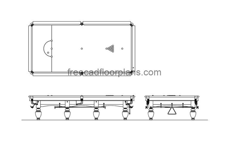 snooker table 2d drawing Cad block with 2d views plan, front and side elevations