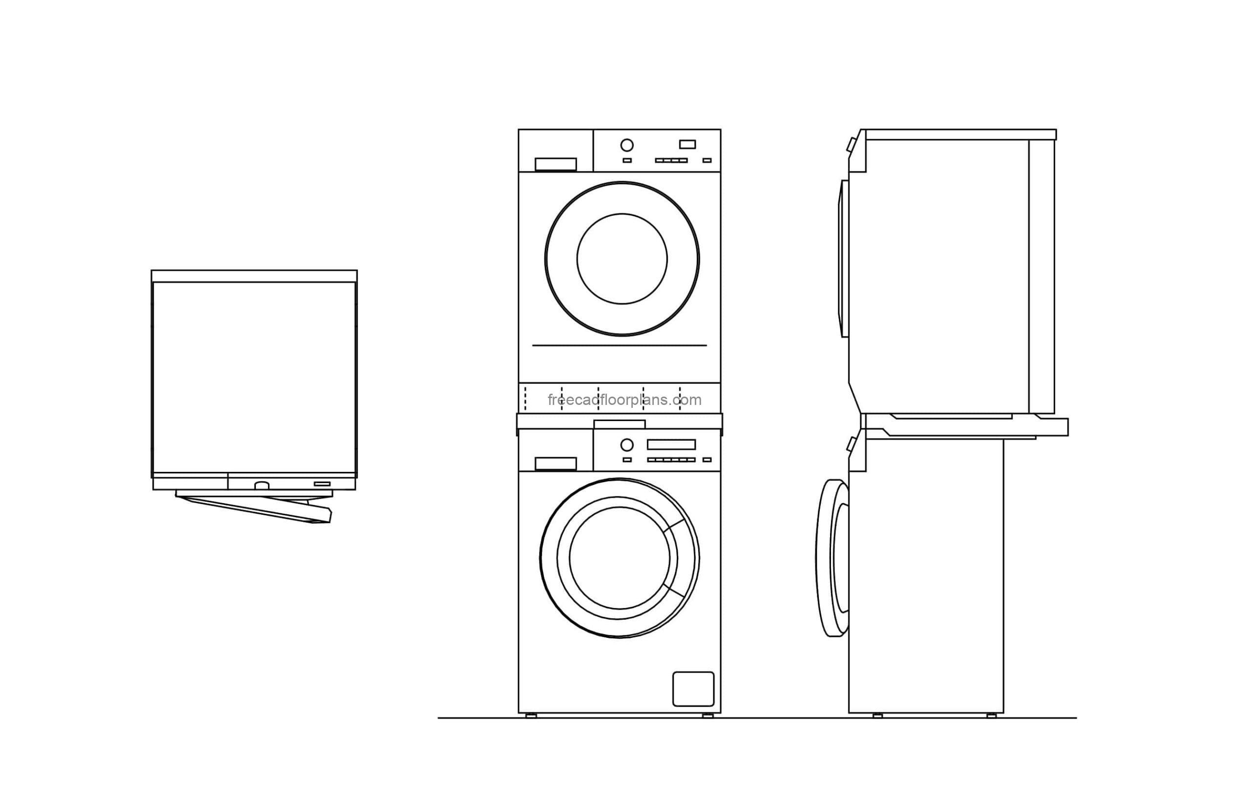 drawing of a stacked washer dryer machine cad block in dwg format, front, plan and side elevations