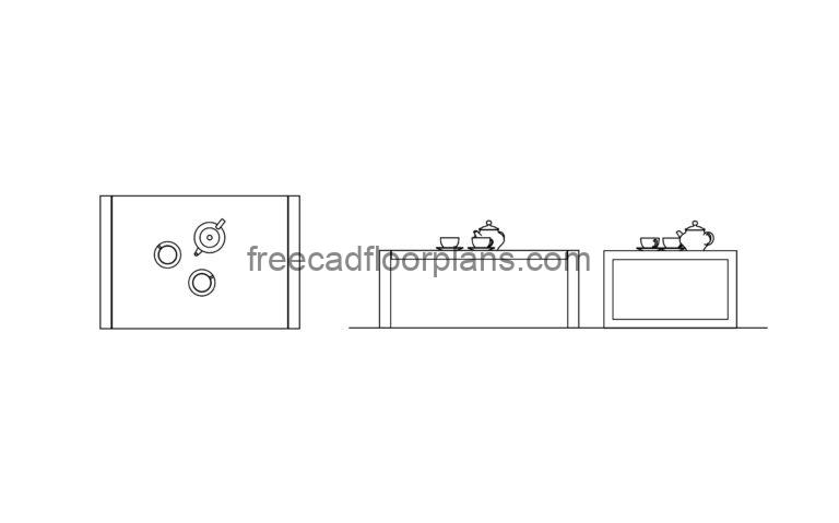 tea table drawing elevation, plan and side views in dwg format for free download