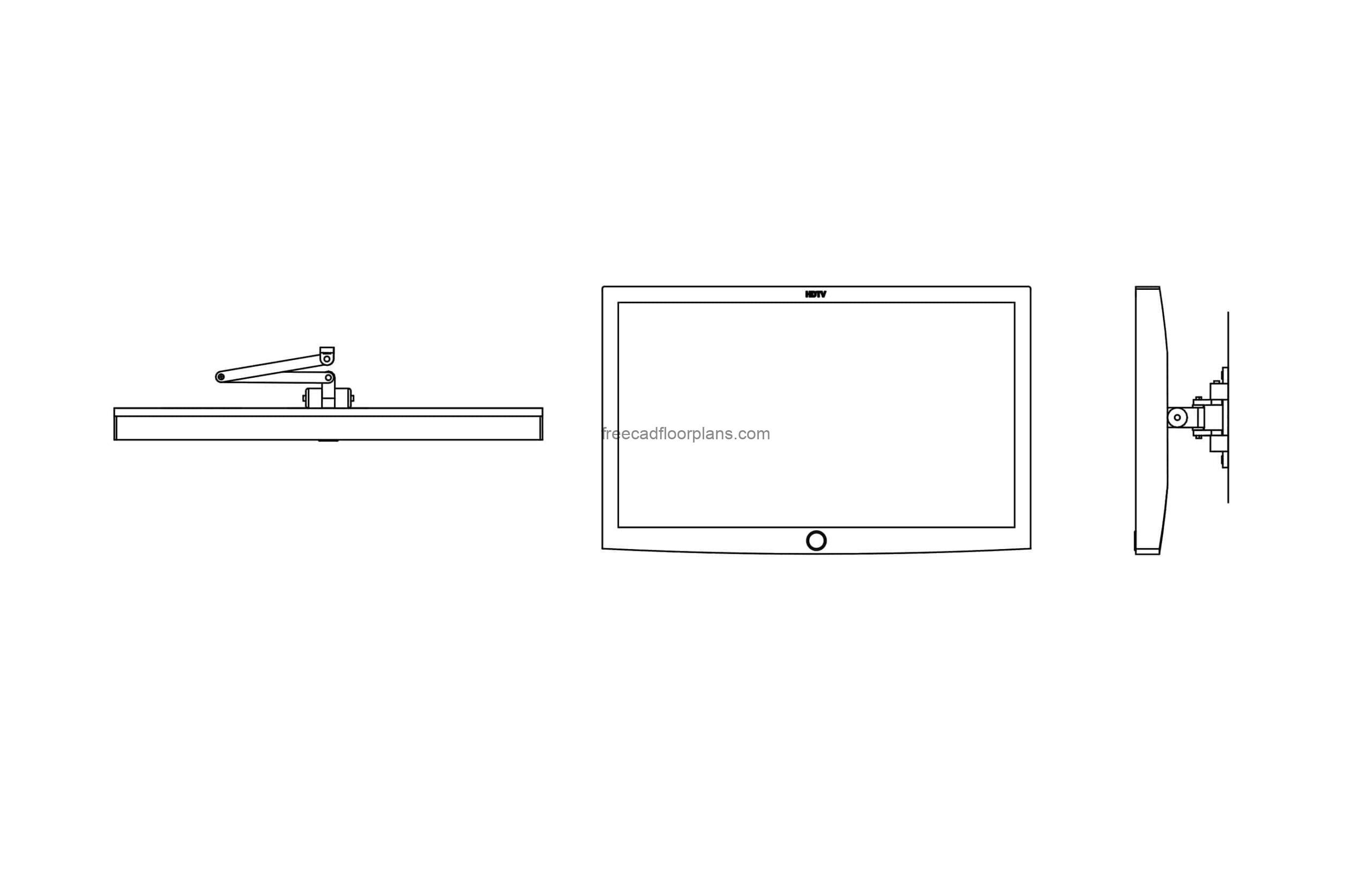 cad block drawing of wall mounted tv fron, top and side views dwg file for free download