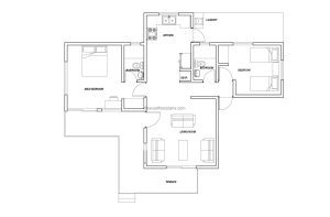 Two Bedrooms, Open Plan House 970 sq. ft dwg drawings with all dimensions layout for free download