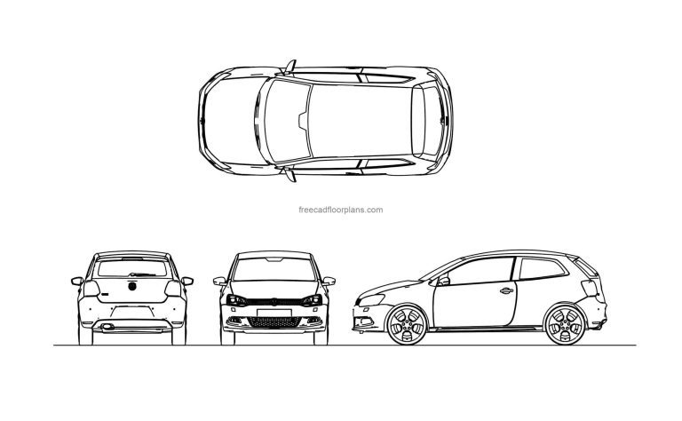 dwg drawing of vw polo car cad block for free download elevations and plan views