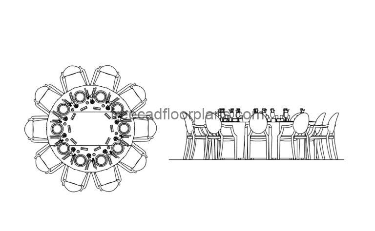 cad drawing of a wedding banquette round table front and top elevation dwg model for free download
