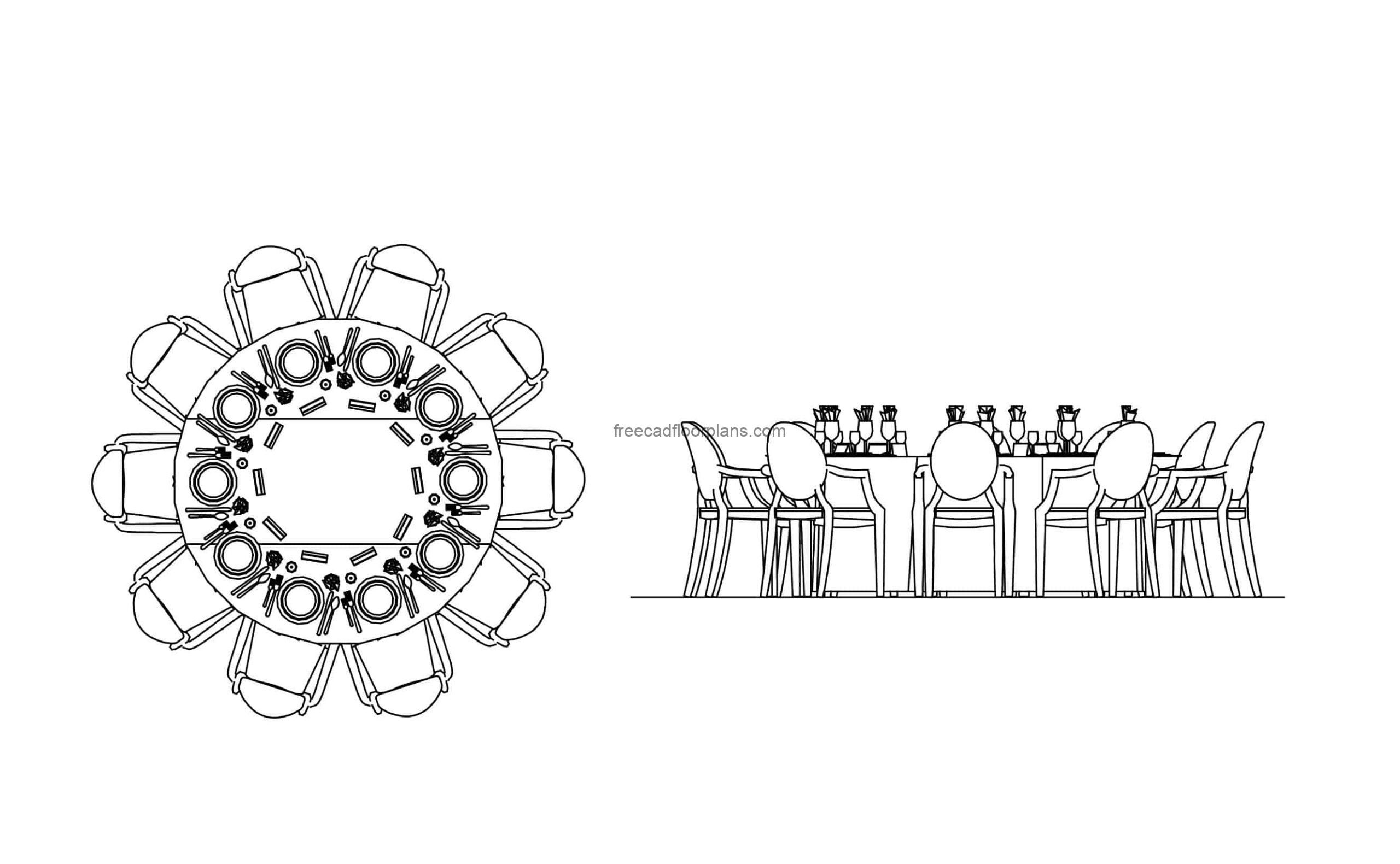cad drawing of a wedding banquette round table front and top elevation dwg model for free download