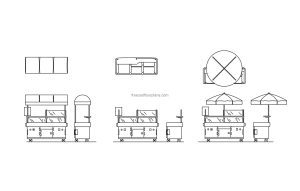 cad block drawings of various food kiosk carts all 2d views plan and elevations file in dwg format for free download