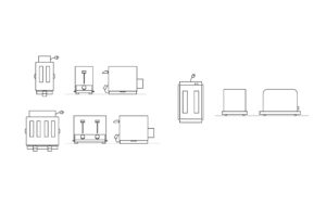 autocad drawing of different versions of toasters, single slot and double slot, plans and elevations 2d views, dwg file for free download