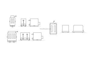 autocad drawing of different versions of toasters, single slot and double slot, plans and elevations 2d views, dwg file for free download