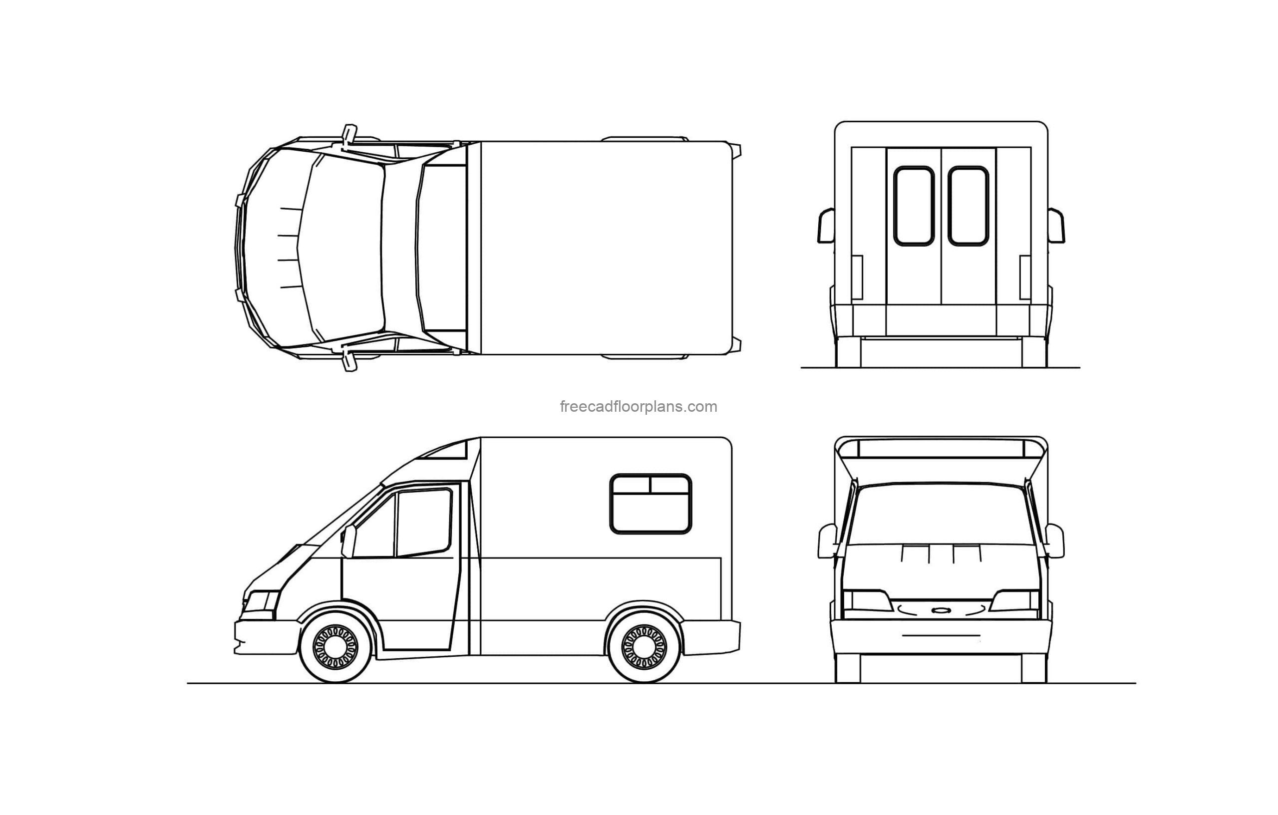 cad block drawing model of a UK ambulance ford transit vehicle, 2d views, plan and elevations, dwg file for free download