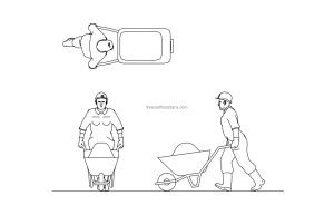 cad block drawing of a worker with a wheelbarrow, 2d drawing, plan and elevations file for free download in dwg format