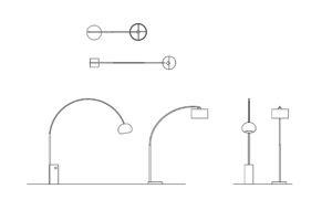 dwg cad block design of various arc floor lamps, plan, side and front elevations drawing for free download