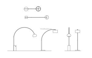 dwg cad block design of various arc floor lamps, plan, side and front elevations drawing for free download
