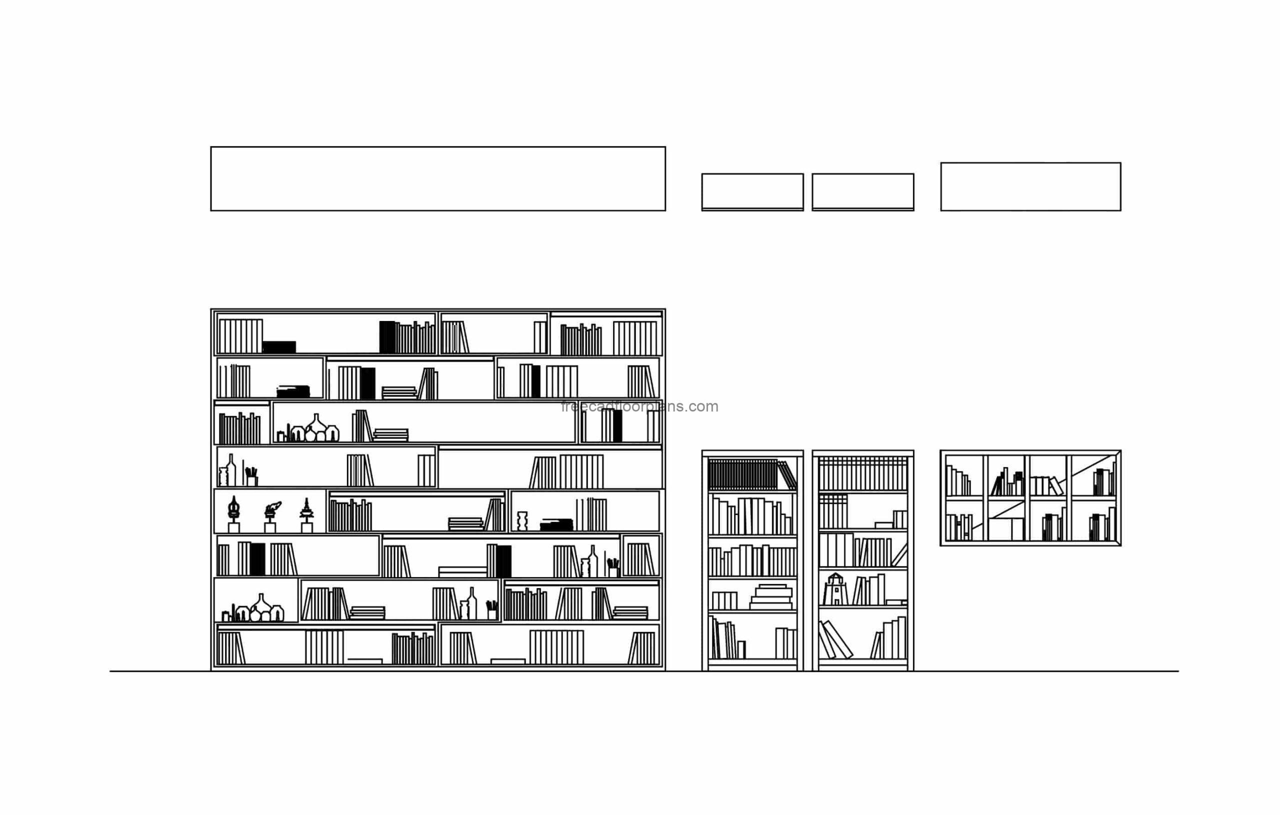 autocad block drawing of bookshelves plan and elevations 2d views file for free download dwg model