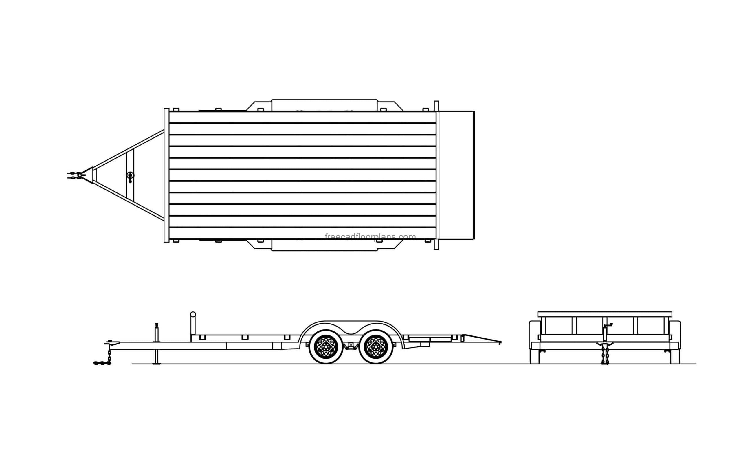 18' Car Trailer cad block 2d drawings, plan and elevations view, dwg file for free download