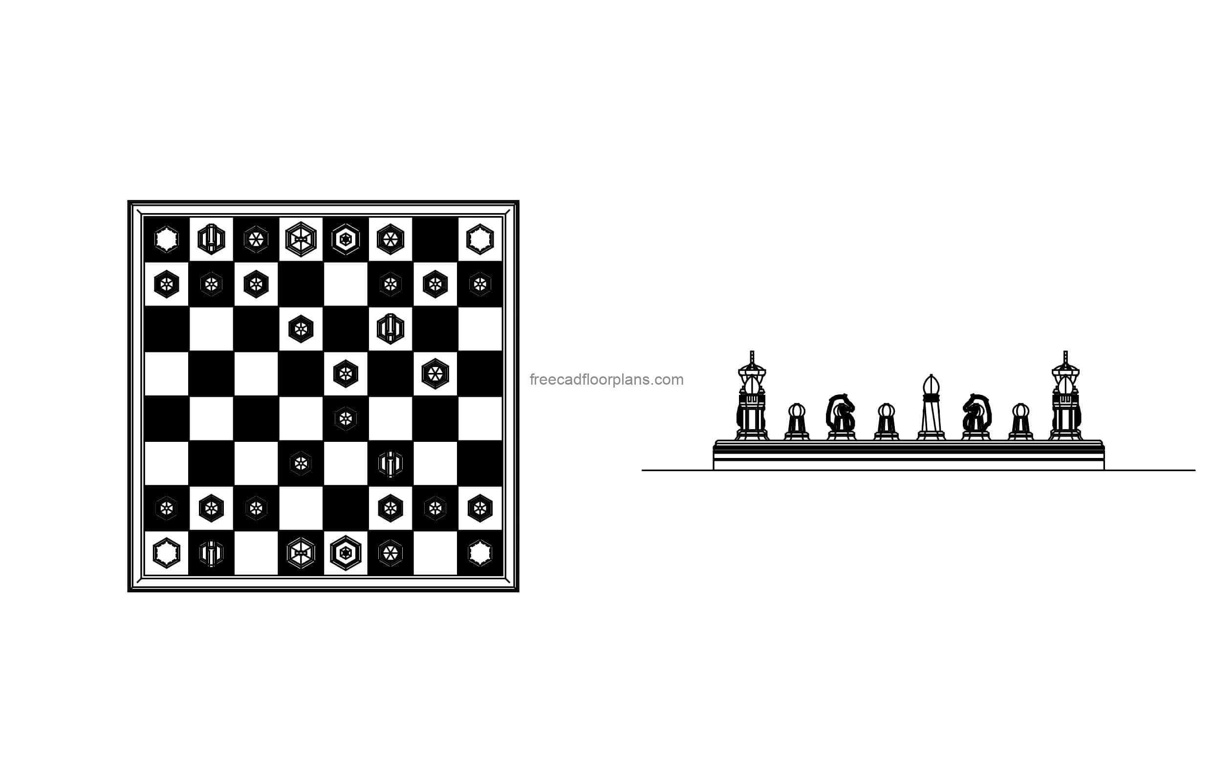 chessboard autocad drawing with plan and elevations views, cad block for free download