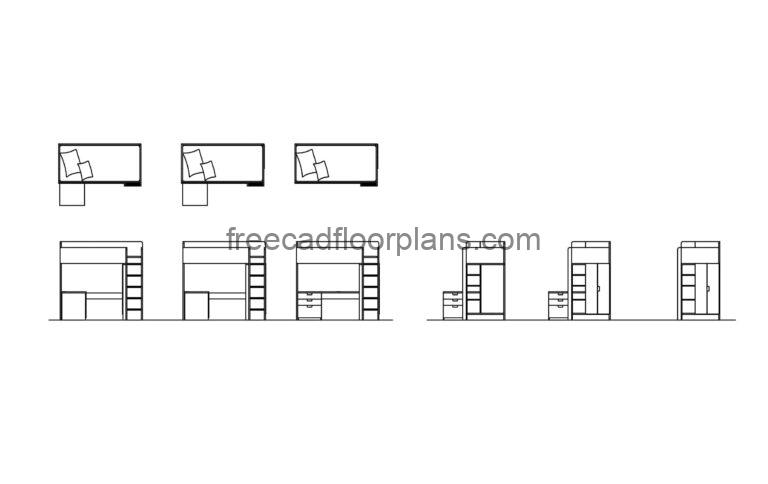 child beds with desks cad block drawing all 2d views plan and elevations file for free download