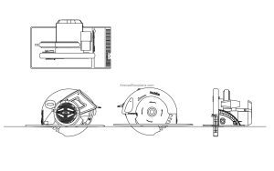 circular saw cad block drawing, 2d plan and elevations views, dwg file for free download