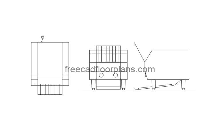 autocad drawing of a conveyor toaster, cad block with all 2d views, plan and elevations for free download