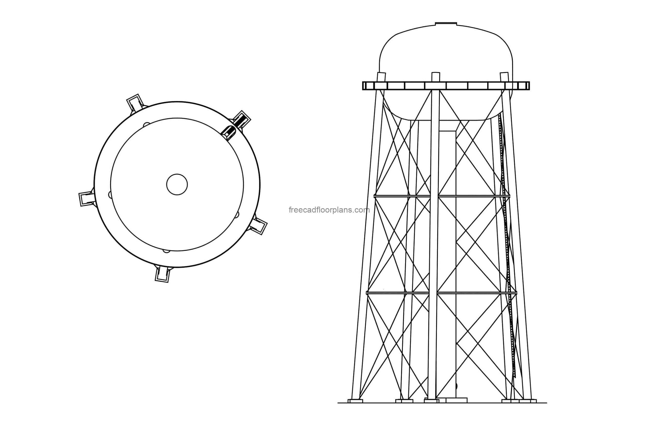 elevated water tank autocad drawing, plan and elevations 2d views, dwg file for free download