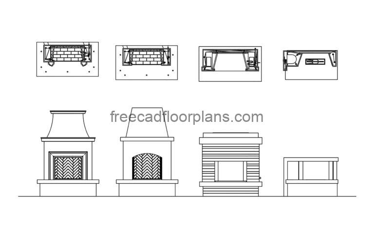 4 Fireplaces, AutoCAD Block, Plan+Elevations