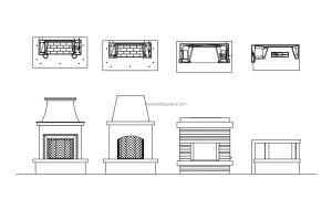4 fireplaces design cad block drawing, plan and elevations views, dwg file for free download