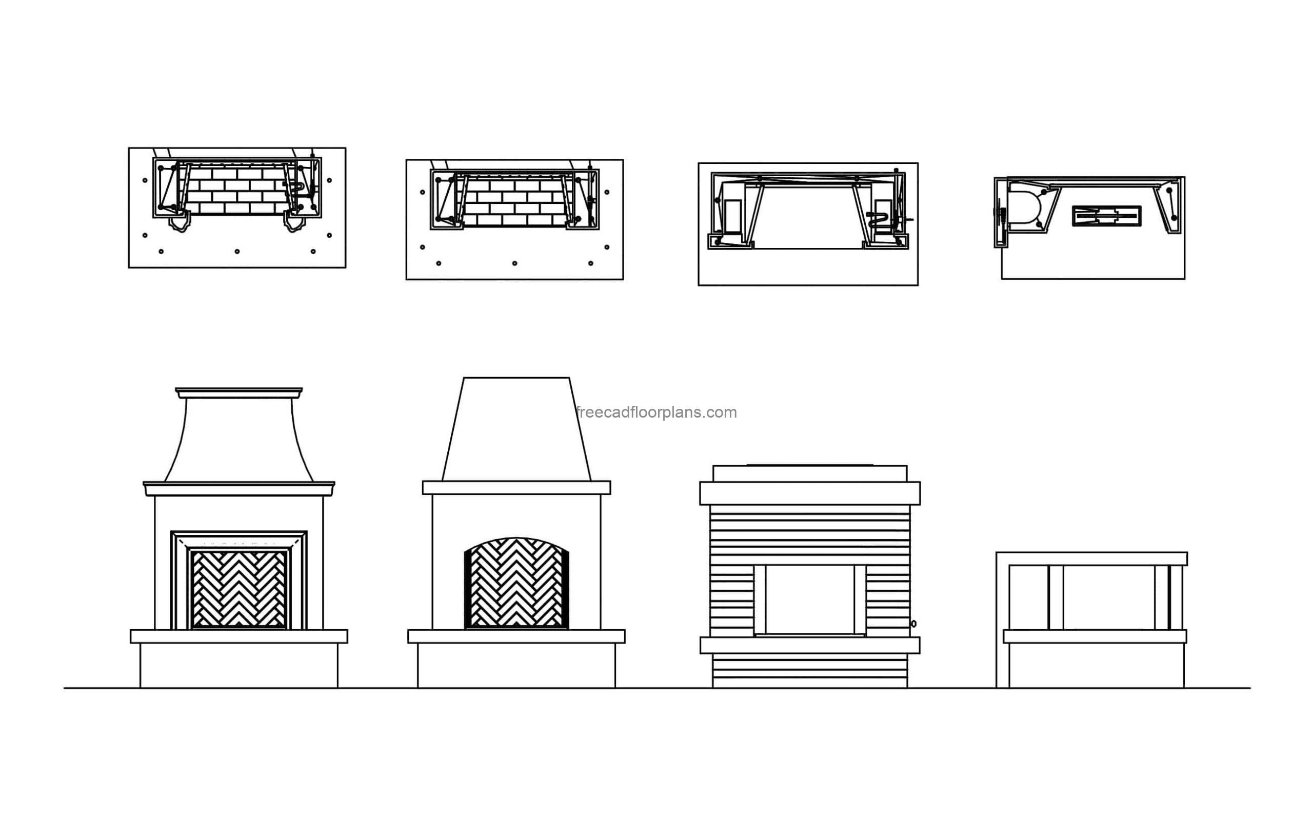 4 fireplaces design cad block drawing, plan and elevations views, dwg file for free download