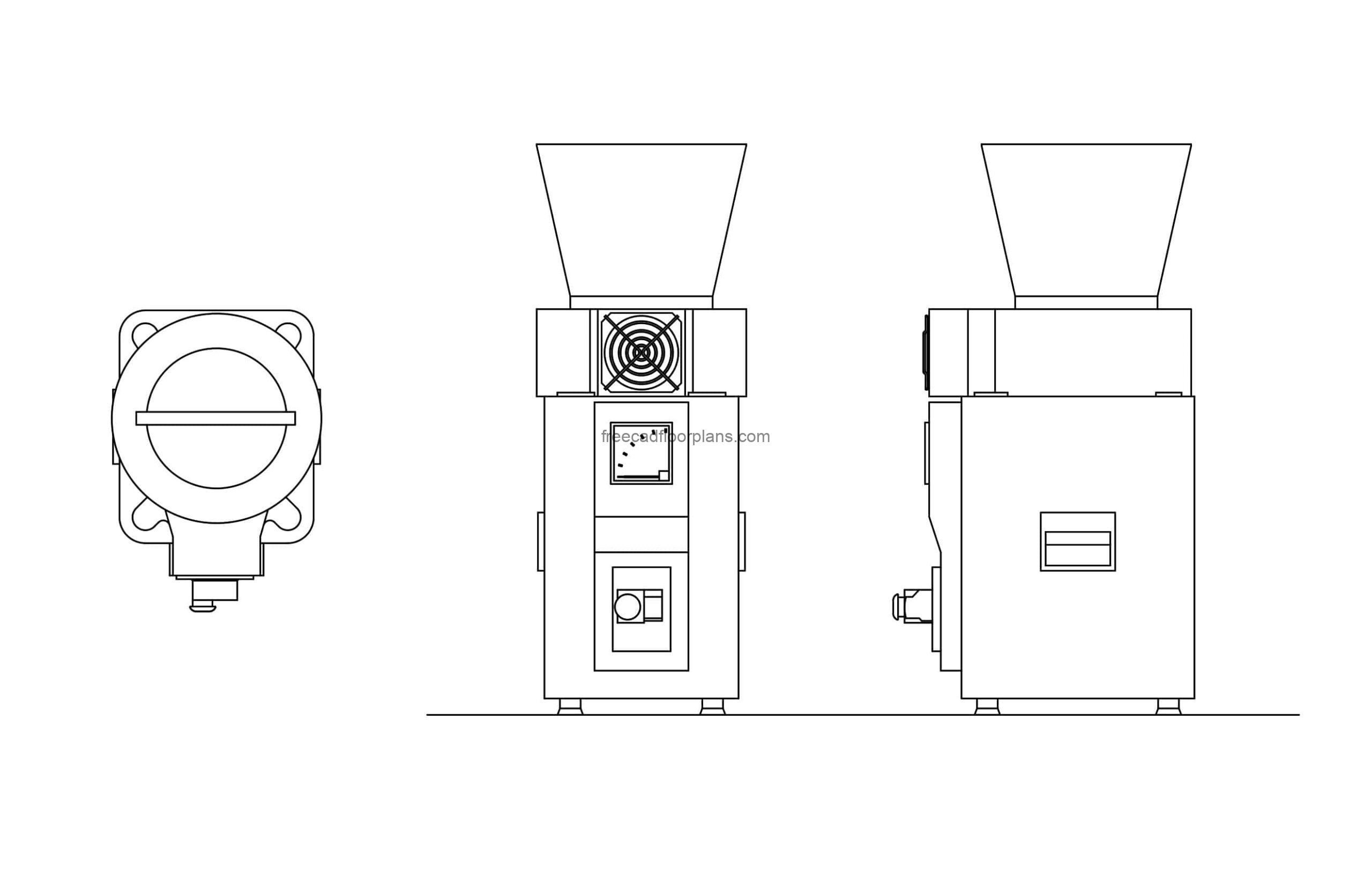 flour mill machine cad block drawings, 2d views plan and elevations dwg file for free download