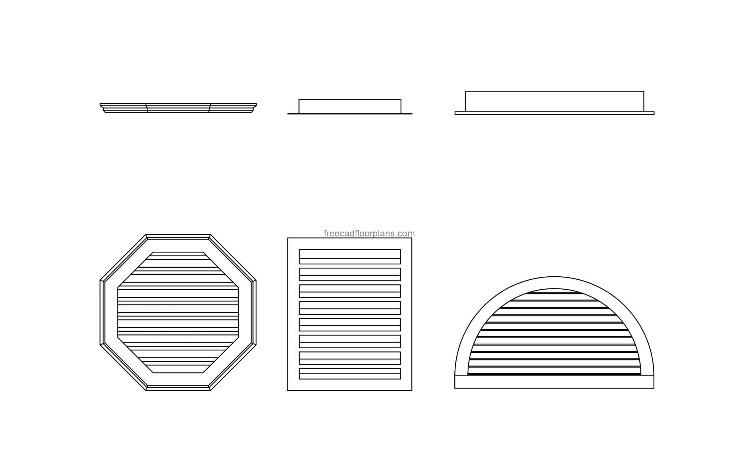 gable vent autocad block, 2d views, plan and elevations dwg file for free download
