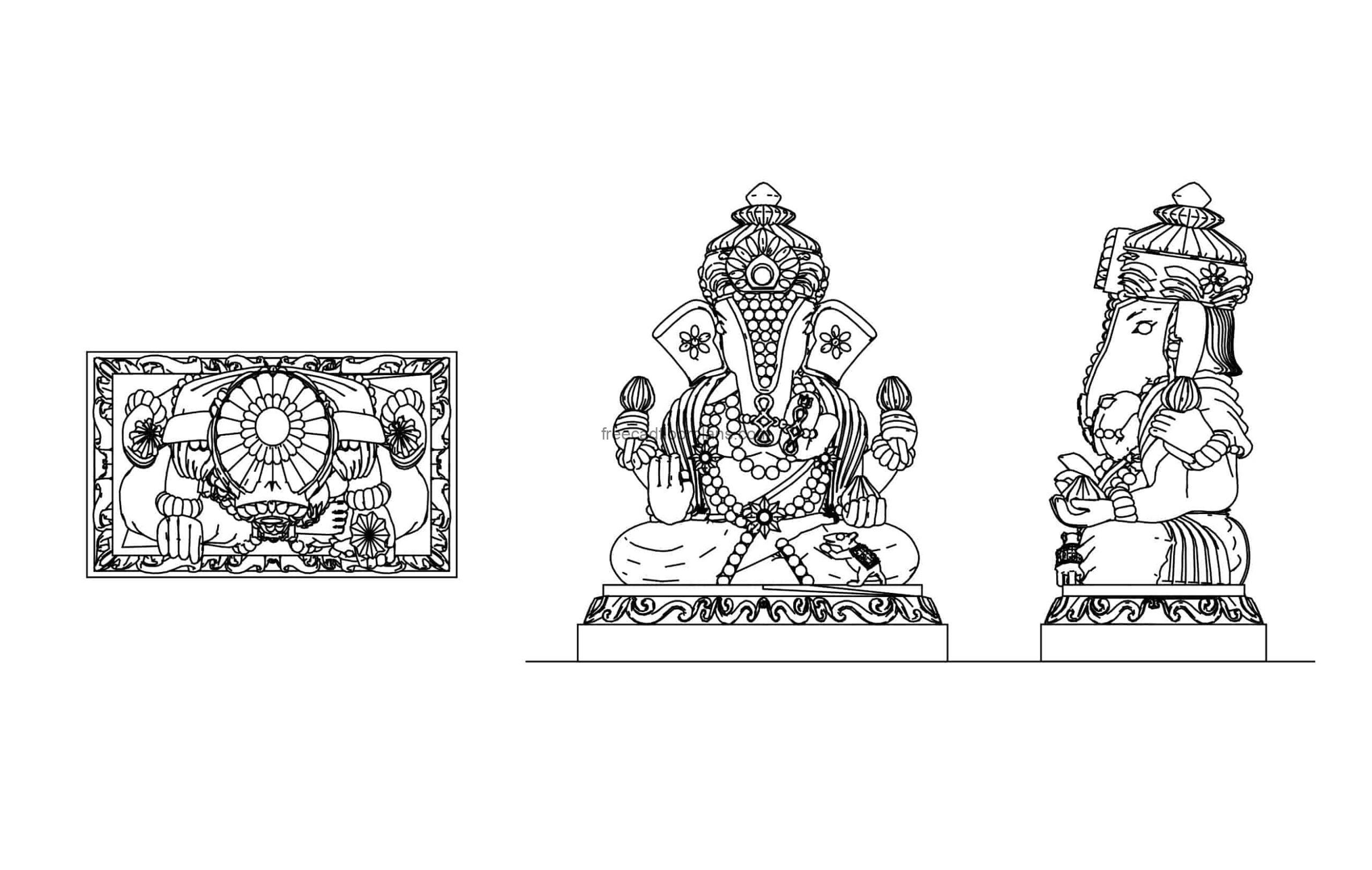dwgcad block drawing of a ganesh ideol statue elevations and plan views file in dwg format for free download