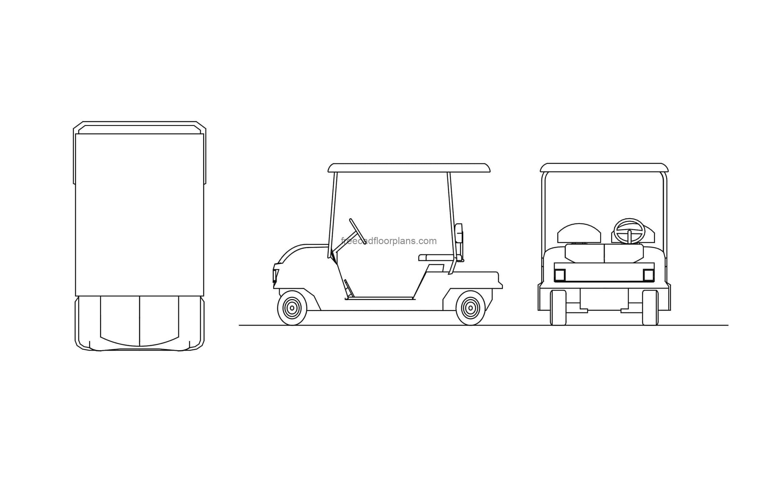 golf cart autocad drawing 2d plan and elevations dwg file for free download