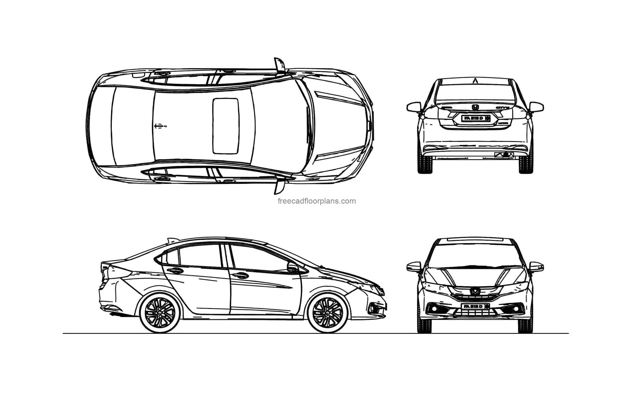 free drawing of a honda city car 2d views plan and elevations file for free download