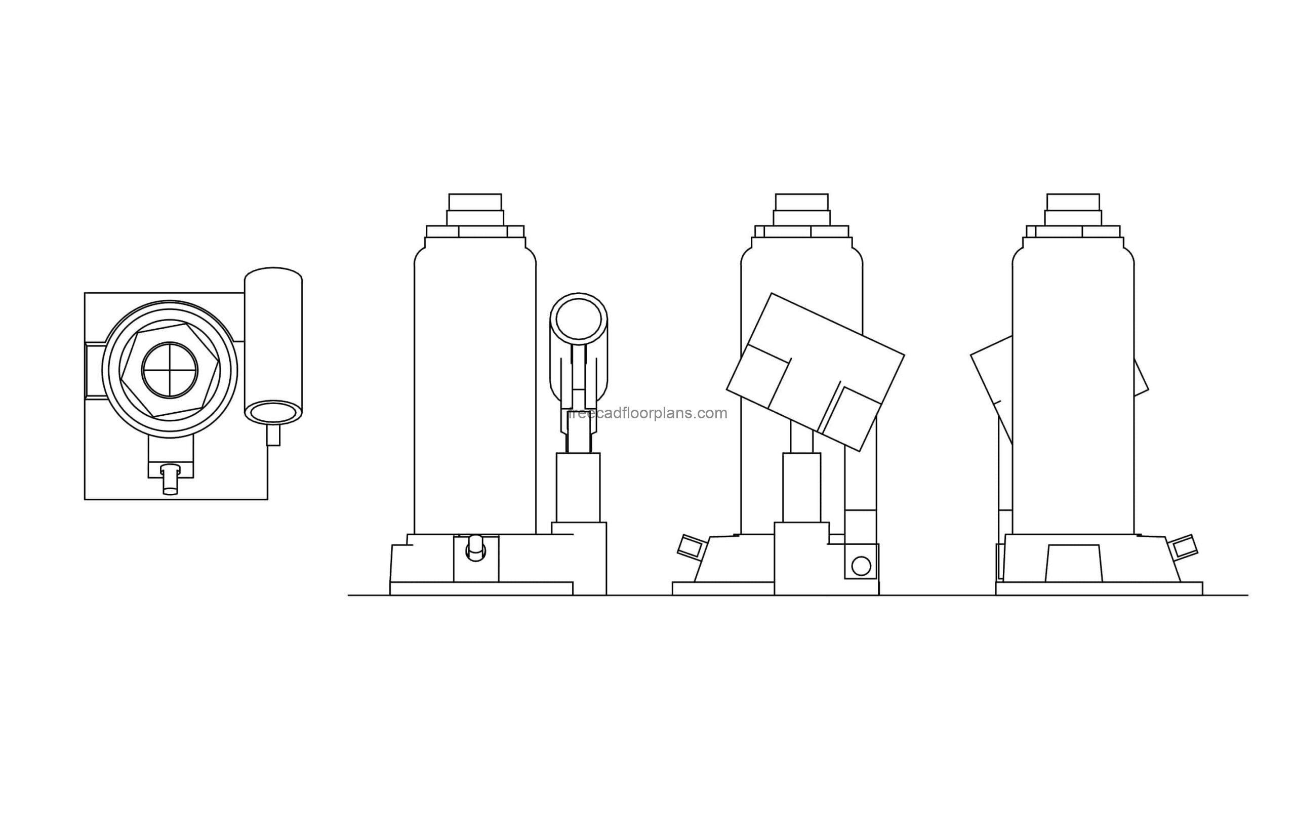 cad block drawing of a hydraulic bottle jack plan and elevations 2d views file in dwg format for free download