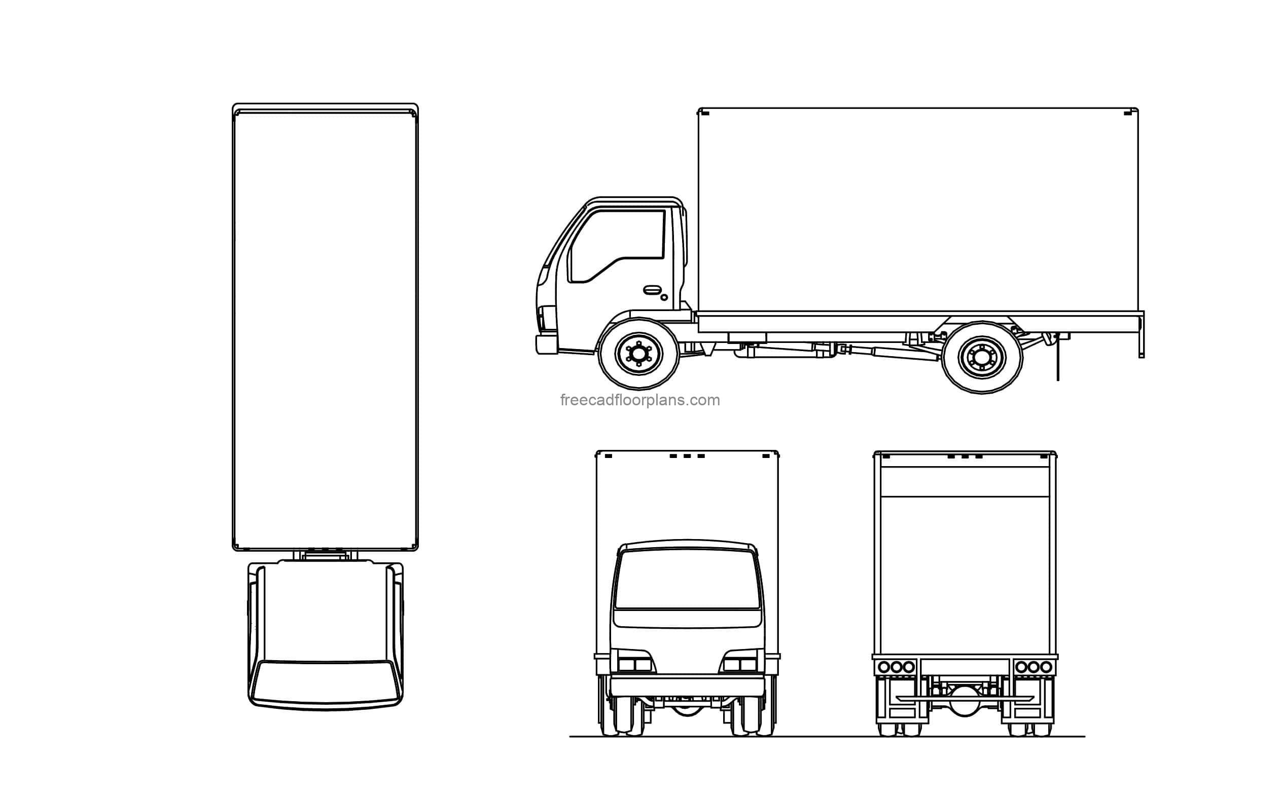 autocad drawing of an isuzu box truck cad block with plan , front and sides elevations 2d views dwg format file for free download