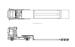autocad drawing of a low bed trailer, cad block with 2d views, plans and elevations for free download