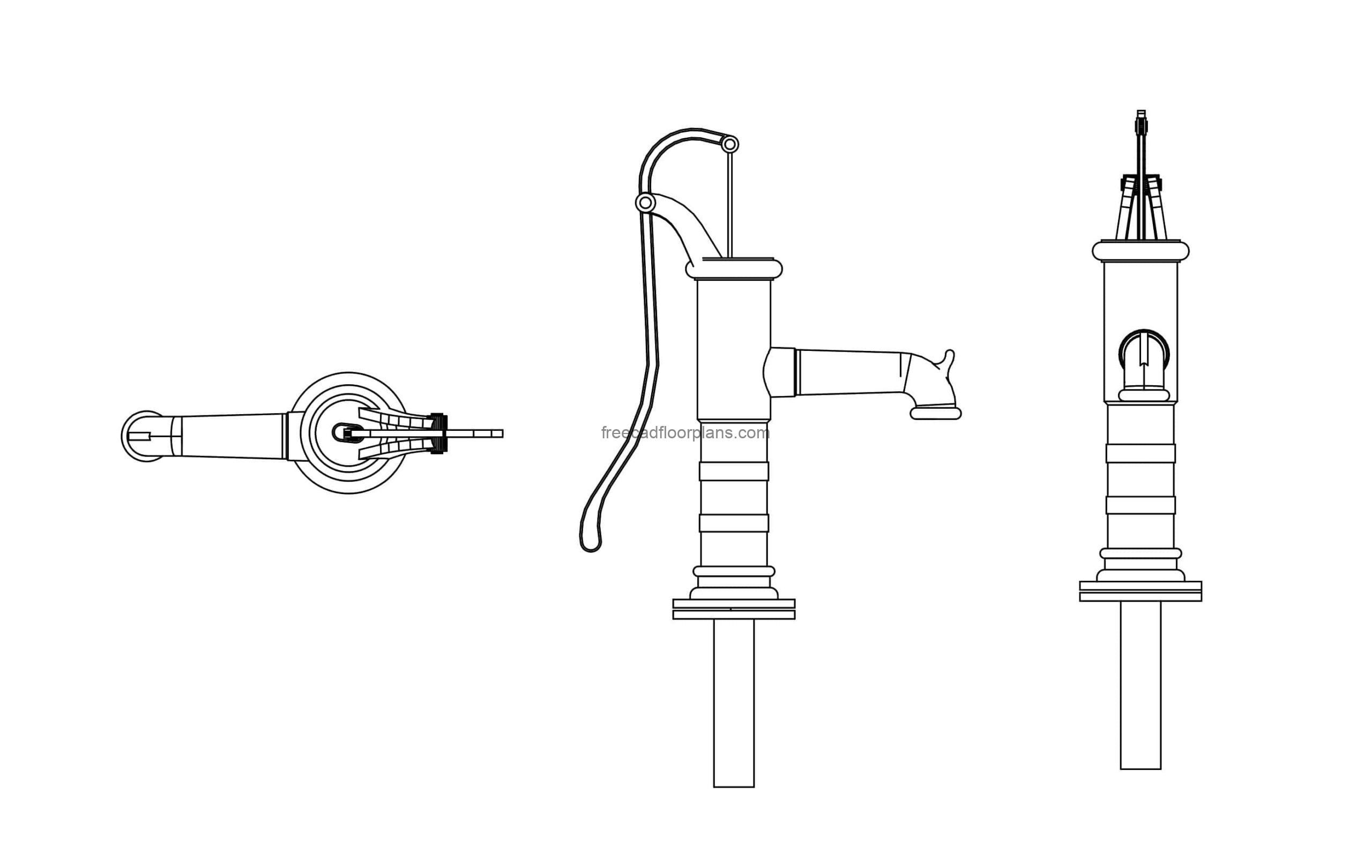 hand pump autocad drawing plan and elevations views, dwg format file for free download