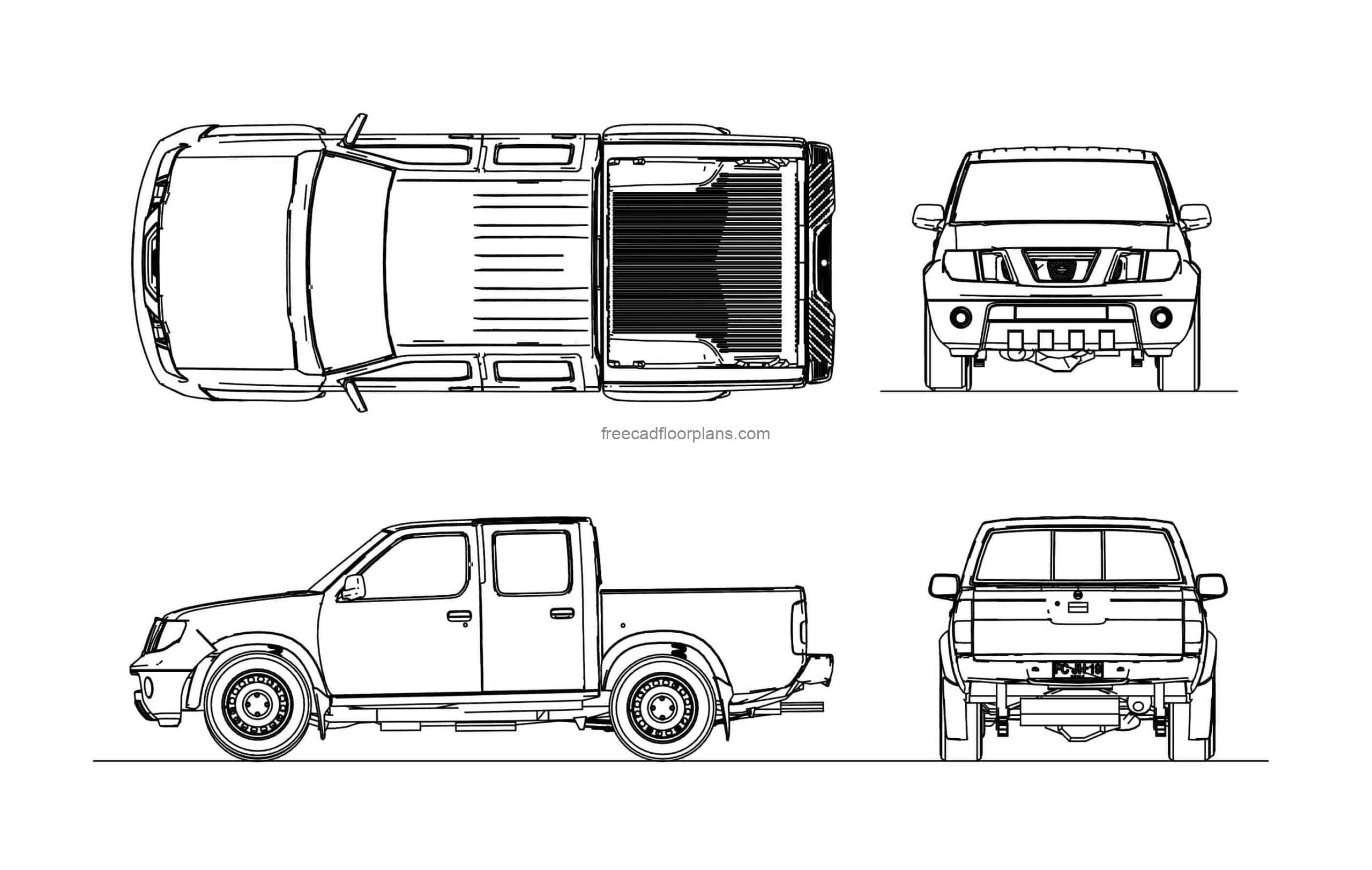 Nissan navara cad block drawing 2d views, plan and elevations for free download