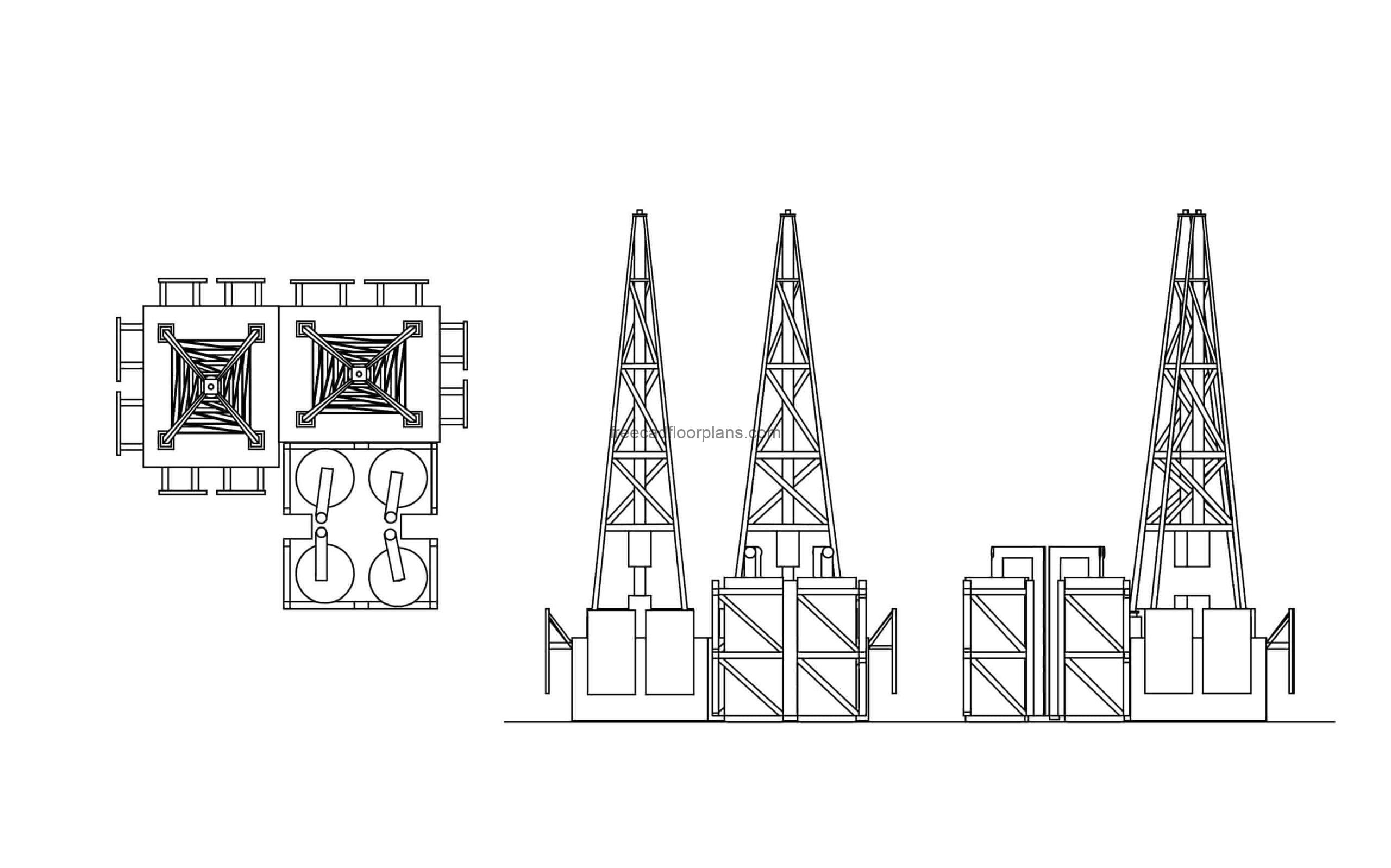 cad block drawing of an oil rig all 2d views plan and elevations, dwg file for free download