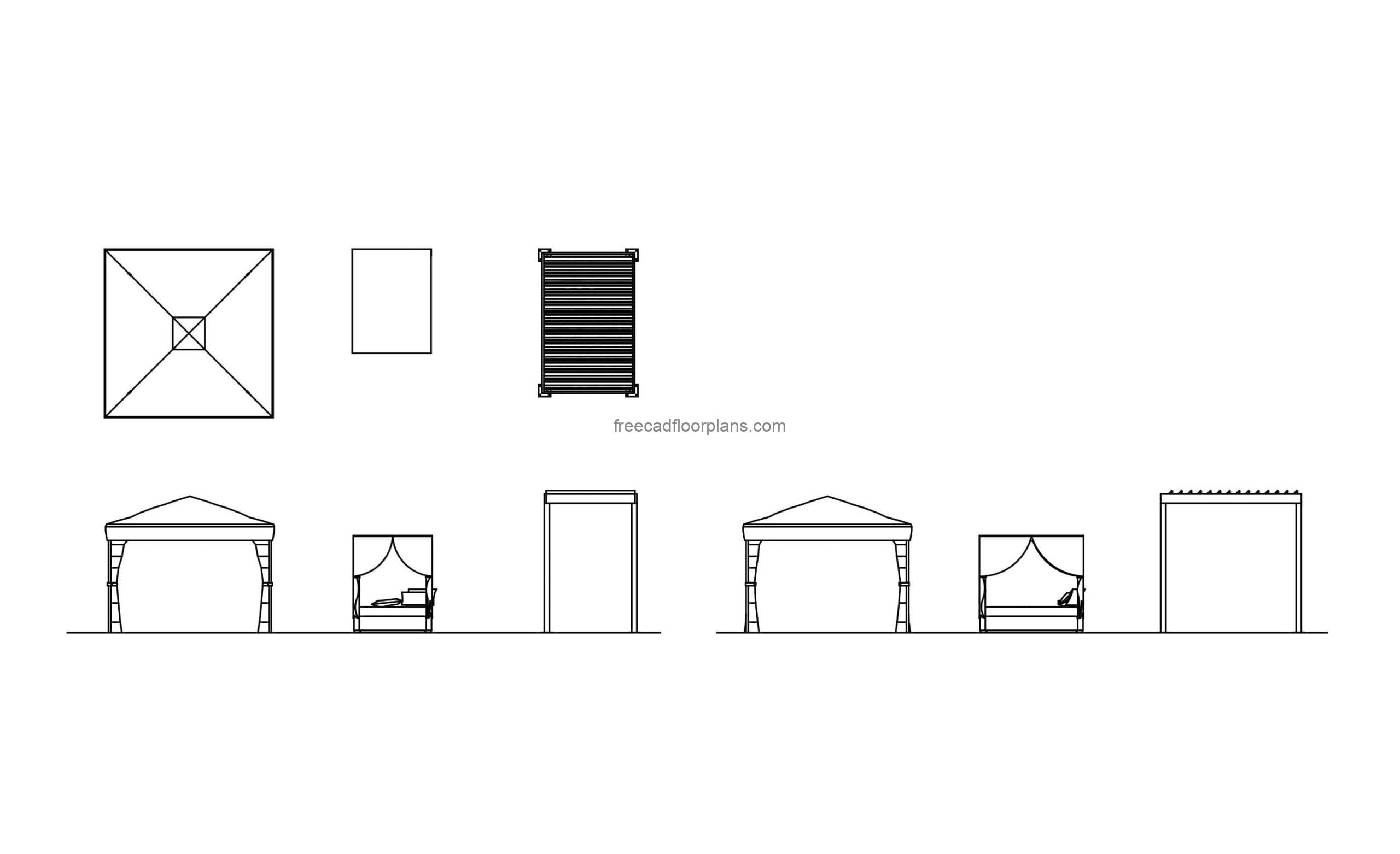 outdoor canopies cad block drawings, 2d plan and elevations views, dwg file for free download