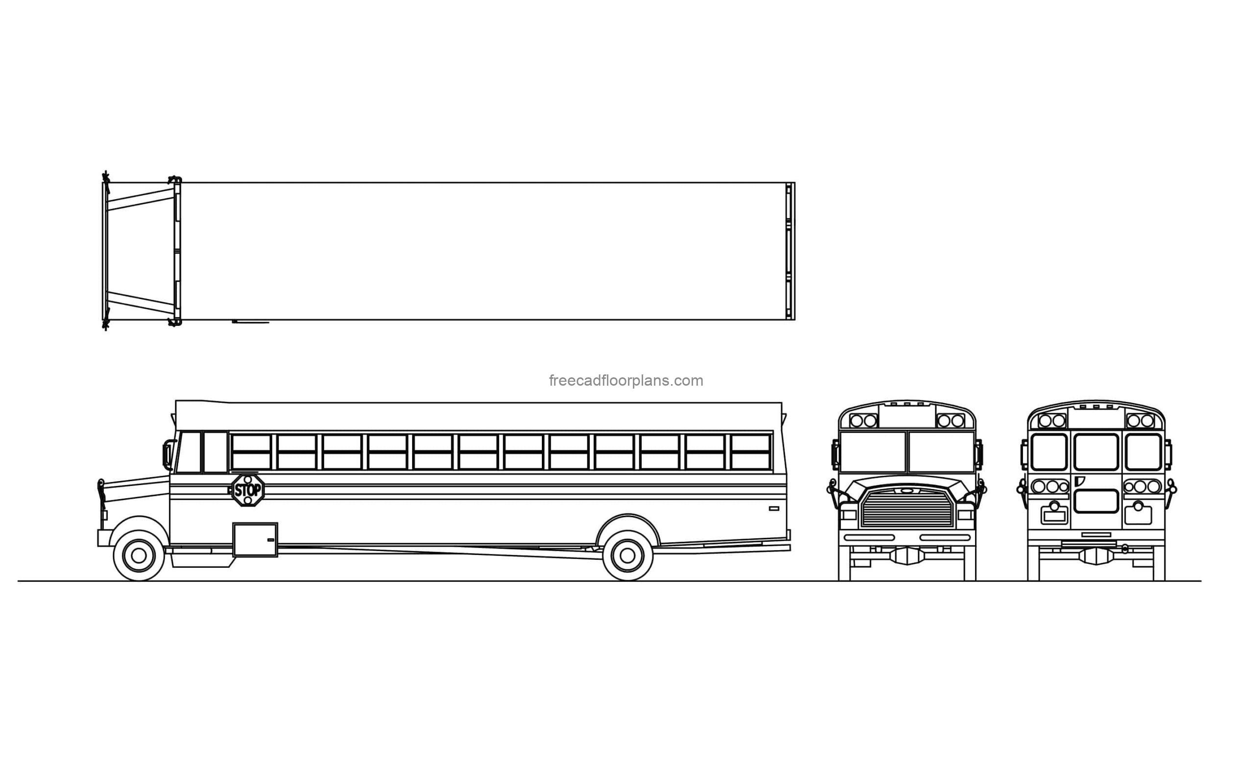 shool bus autocad block drawing, plan and elevations 2d views, dwg file for free download