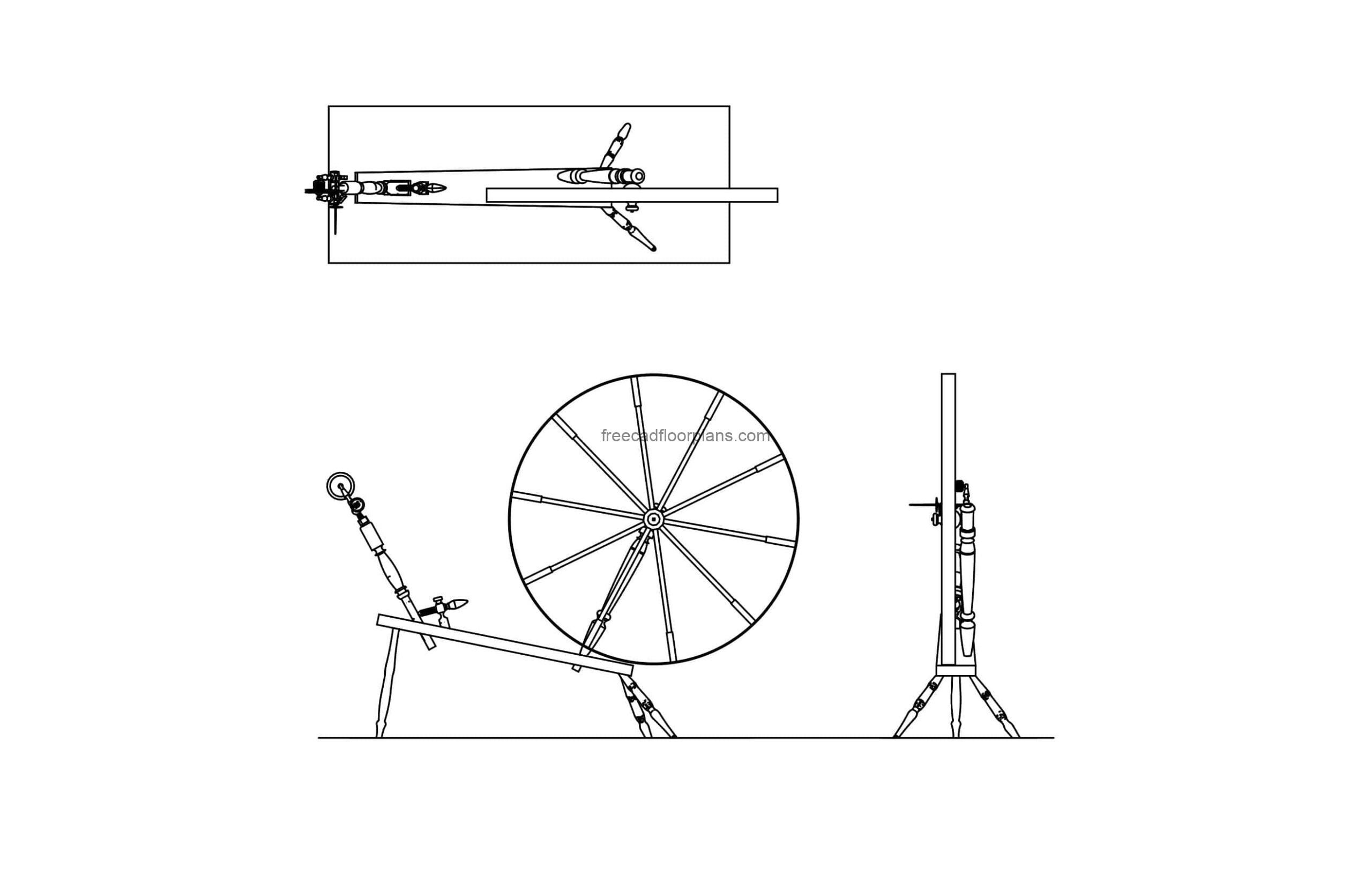 spinning wheel cad block autocad drawing 2d views plan, front and side elevations dwg file for free download