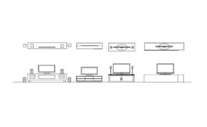 tv stand cad block drawing, plan and elevations 2d views dwg file for free download