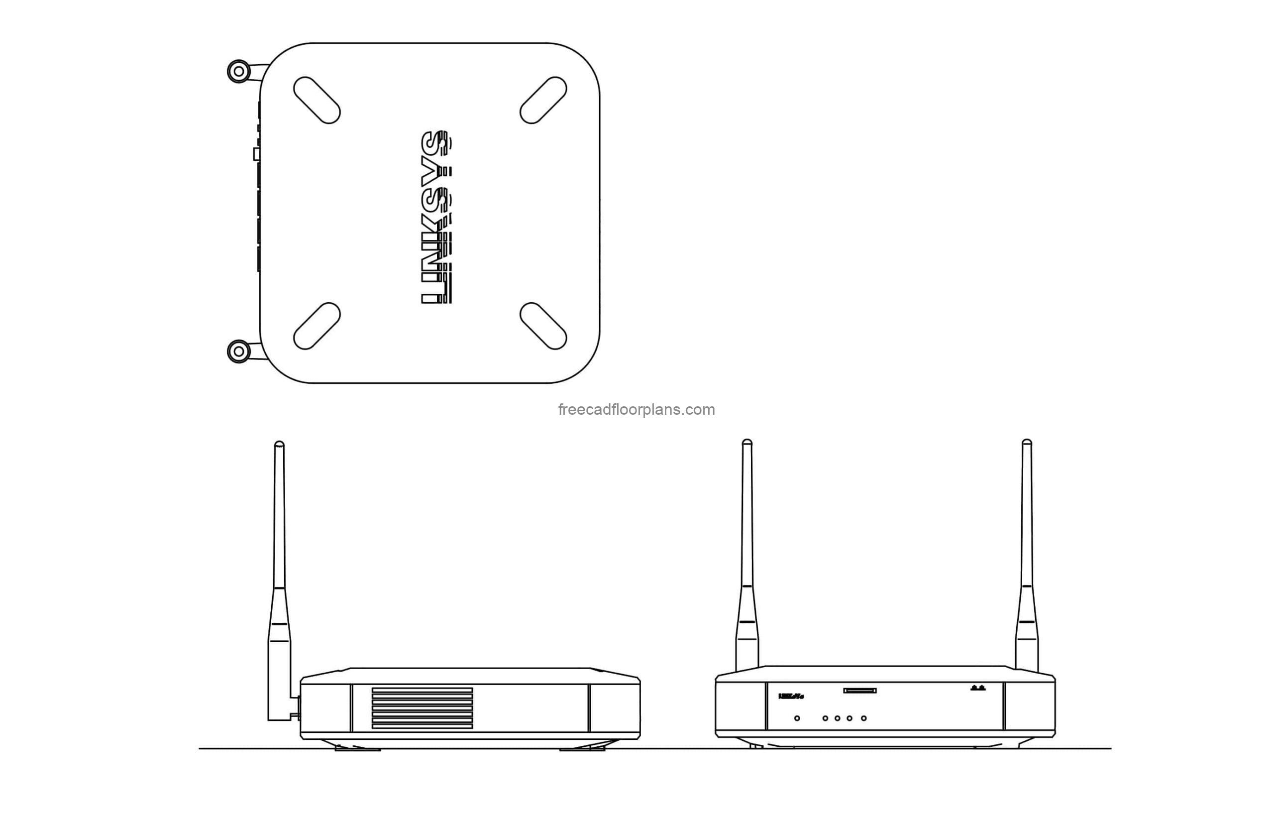 wifi router autocad drawing plan and elevations 2d views free dwg file for download