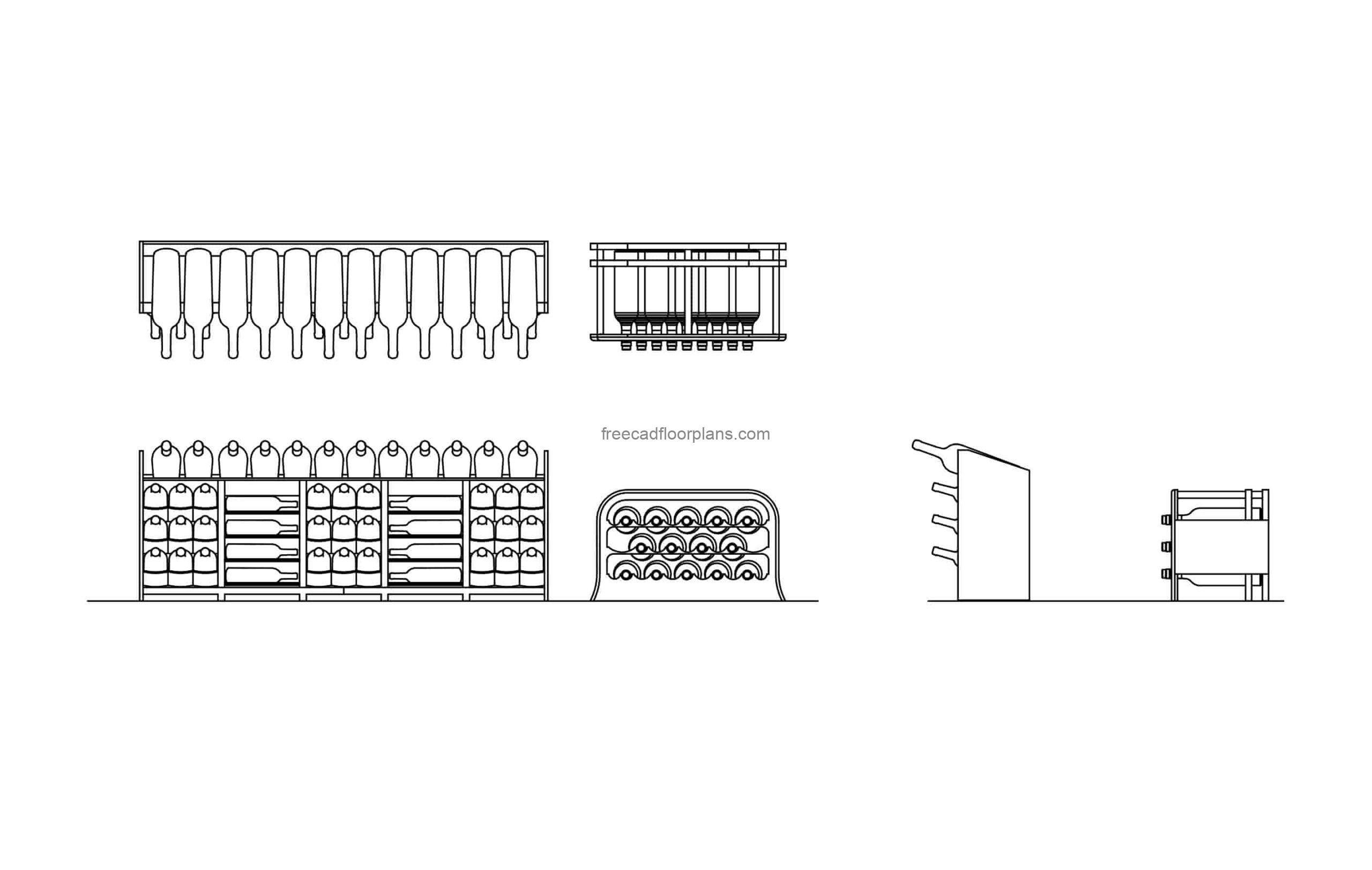 autocad drawing of different wine racks, cad block with 2d views, plans and elevations for free download