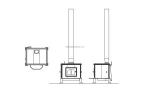 cad block drawing of a wood burning stove 2d views plan, side and front elevations dwg model file for free download
