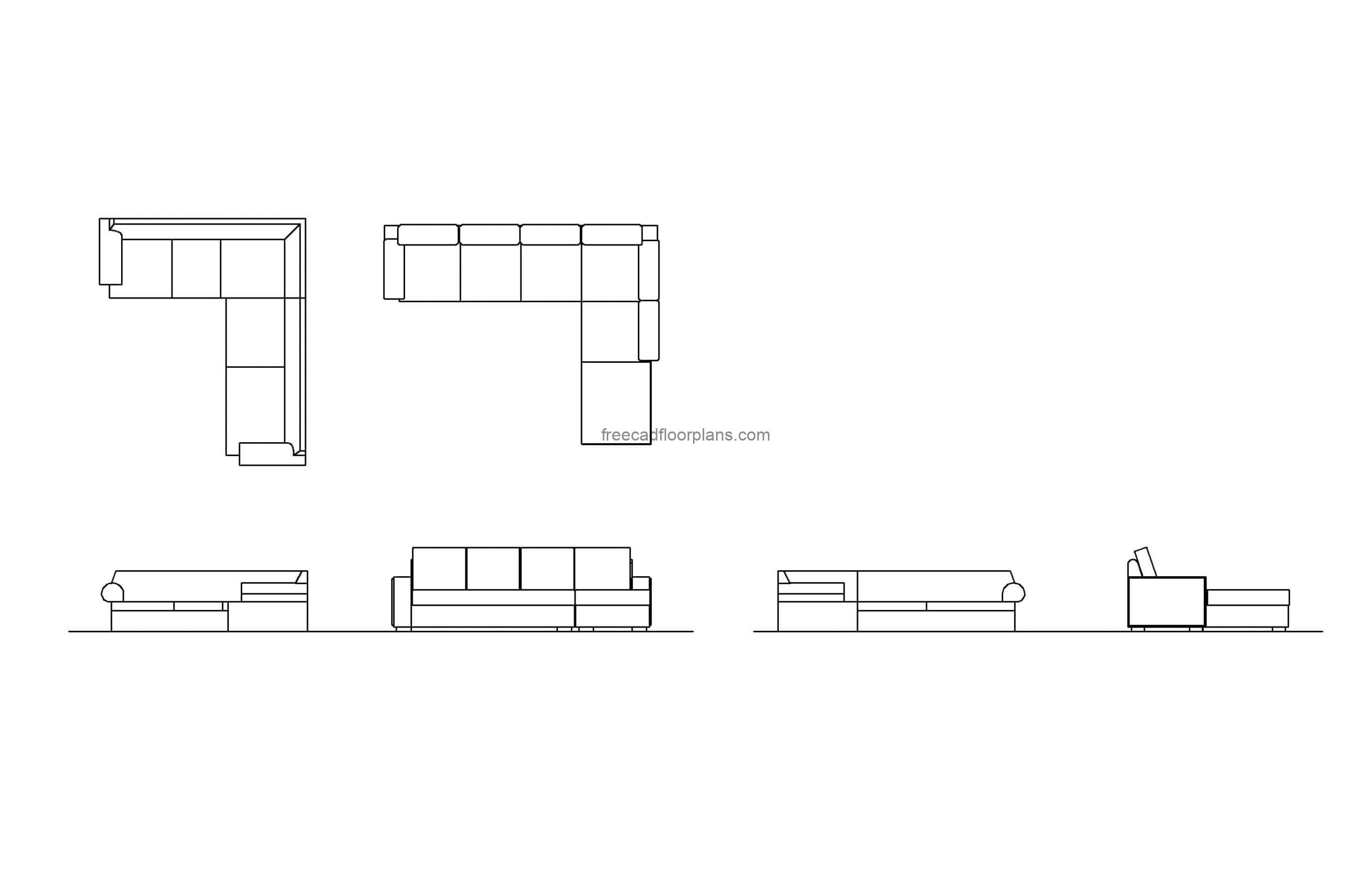 L shape couch autocad drawing plan and elevations views dwg file for free download