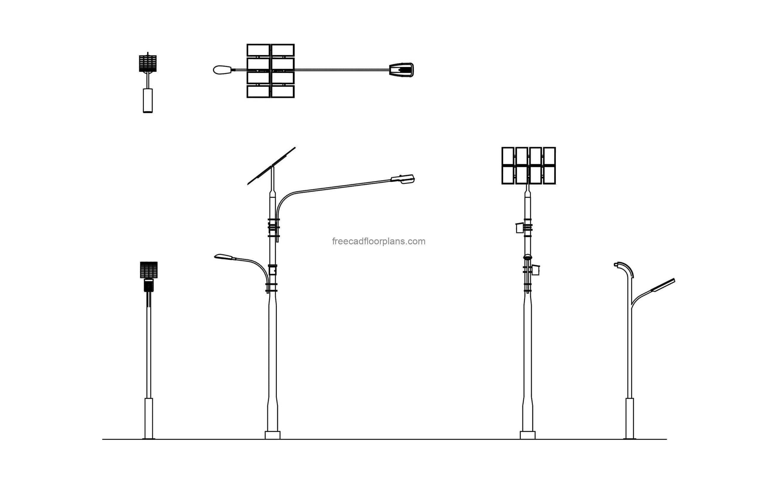 solar street lights autocad drawing cad block plan and elevations 2d views for free download