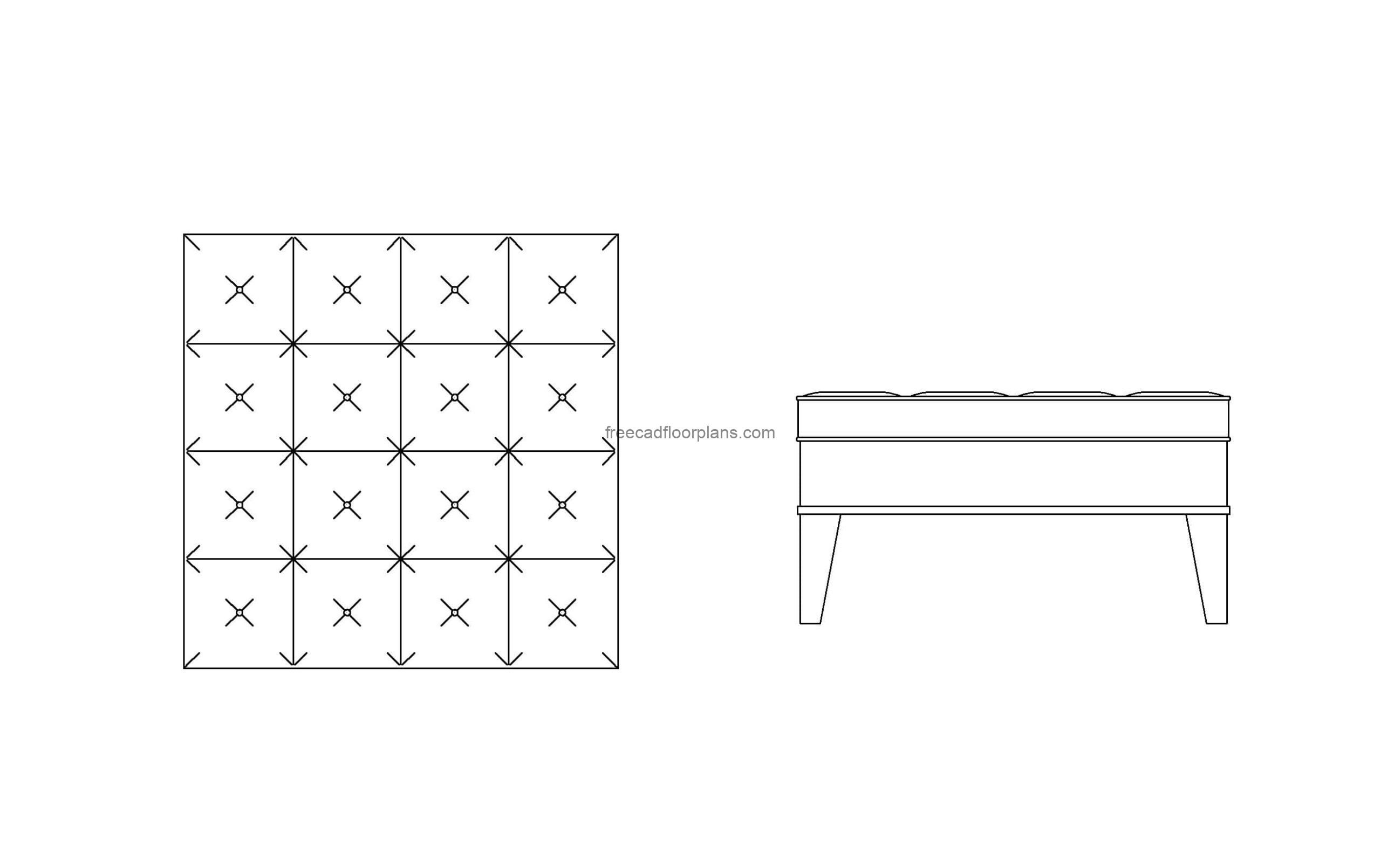 Square Tufted Ottoman autocad drawing all 2d views plan and elevations dwg file for free download