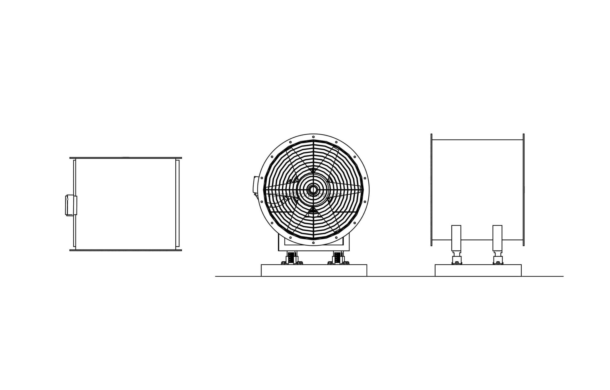 autocad drawing of an axial fan plan and elevations 2d views, file for free download