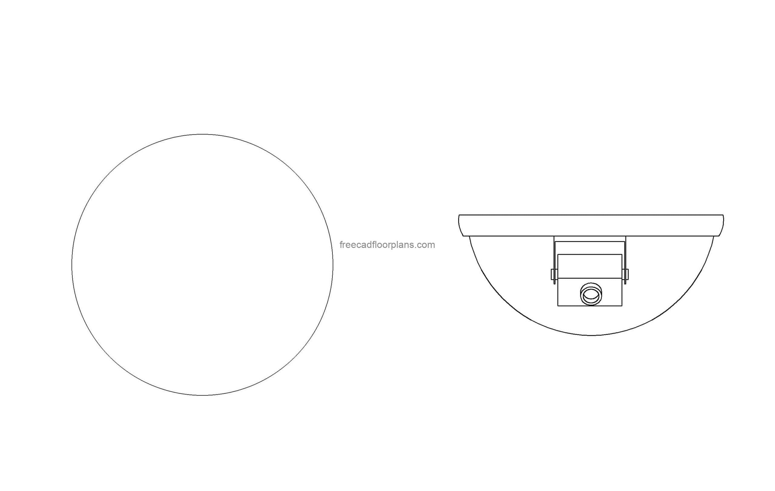 autocad drawing of a Recessed dome CCTV camera 2d plan and elevation views, dwg file for free download