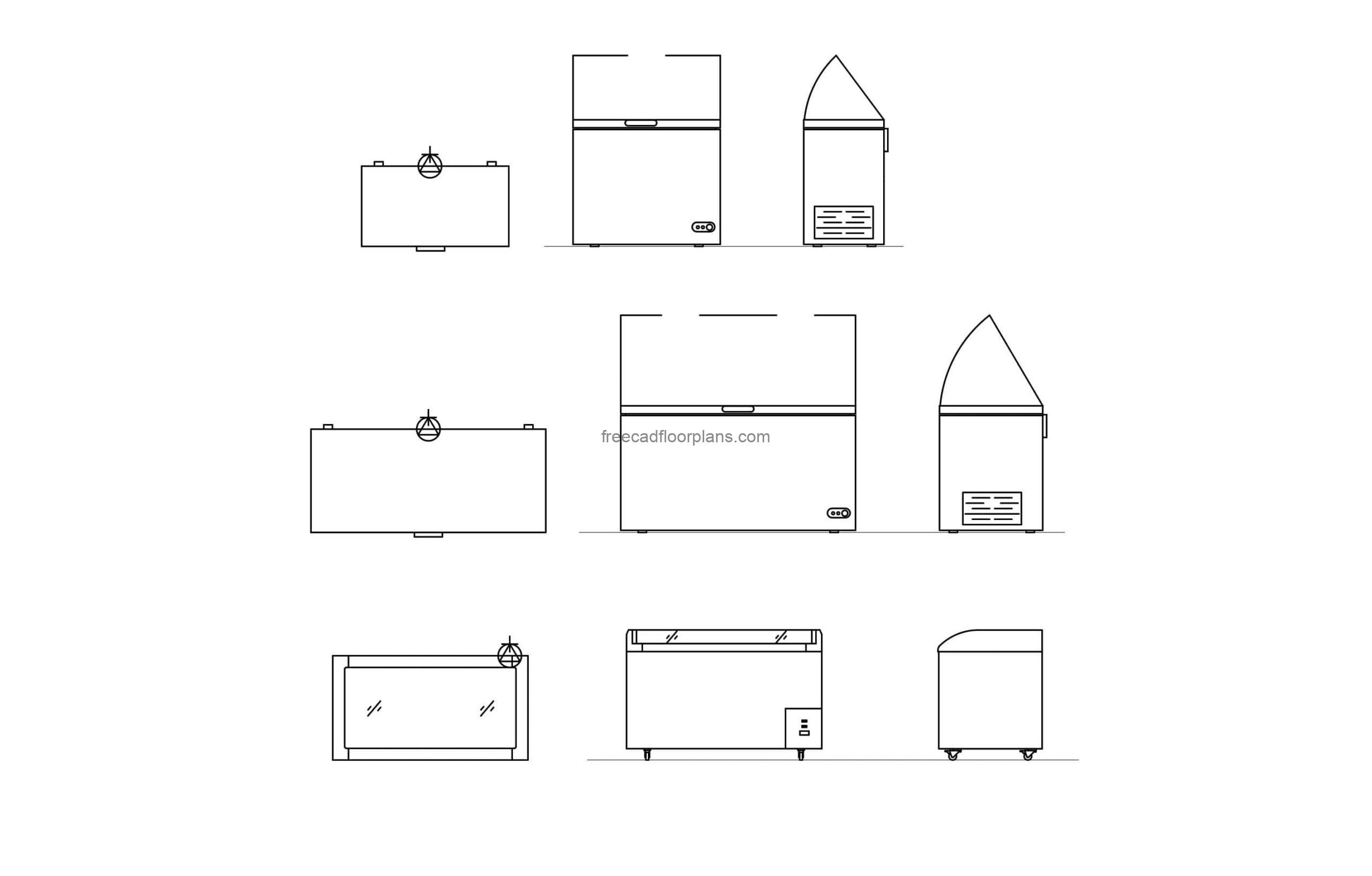 autocad dwg cad drawing of different chest freezers, 2d plan and elevations for free download